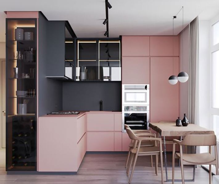 trang trí bếp theo màu hồng pastel