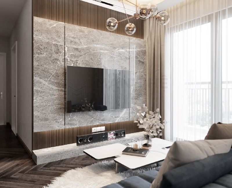 thiet ke noi that chung cu Đá ốp vách tivi phong cách hiện đại