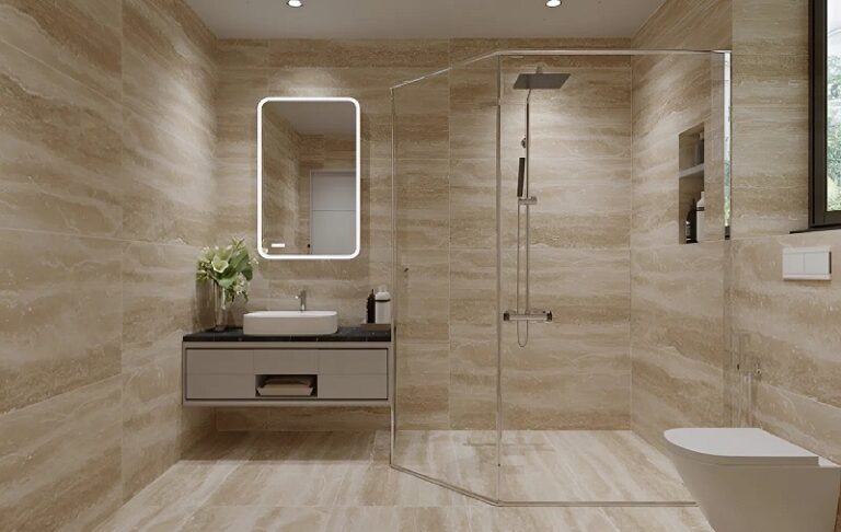 Ứng dụng gạch vân đá Travertine ốp tường phòng tắm