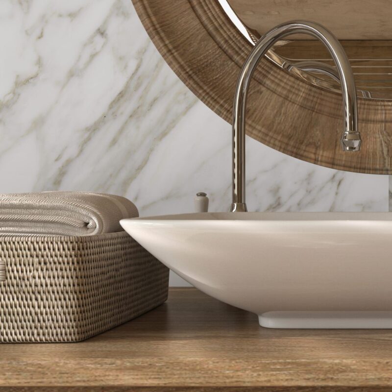 Natural cosmetic product display bathroom interior background in farmhouse style. Boho wooden furniture. 3d rendering illustration.