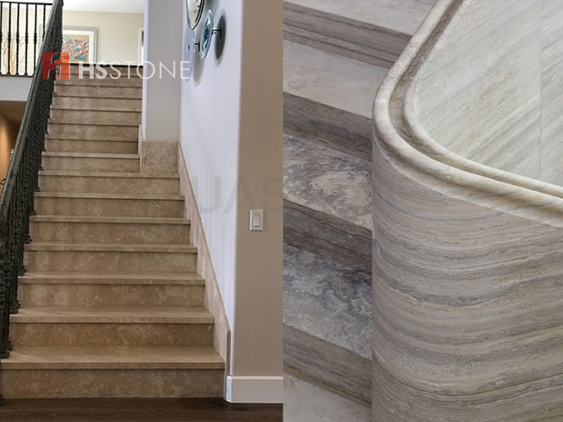 gach travertine duoc su dung de op cau thang tao cam giac dong bo Gạch travertine được sử dụng để ốp cầu thang tạo cảm giác đồng bộ