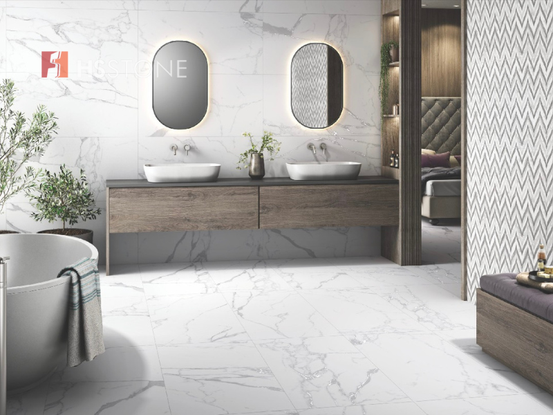 Mẫu gạch lát nền tông màu trắng vân đá đẹp