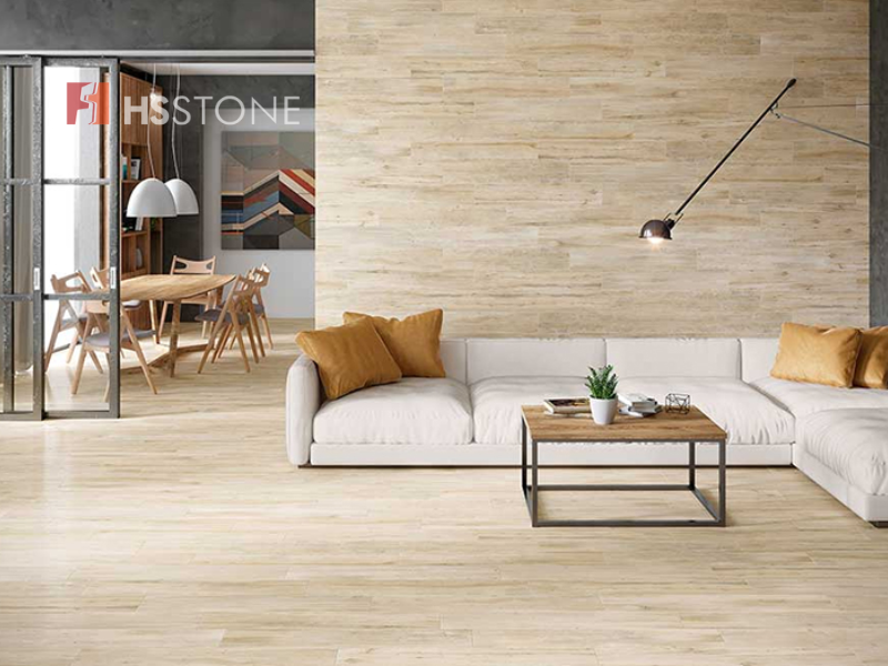 Mẫu gạch ốp tường phòng khách giả gỗ