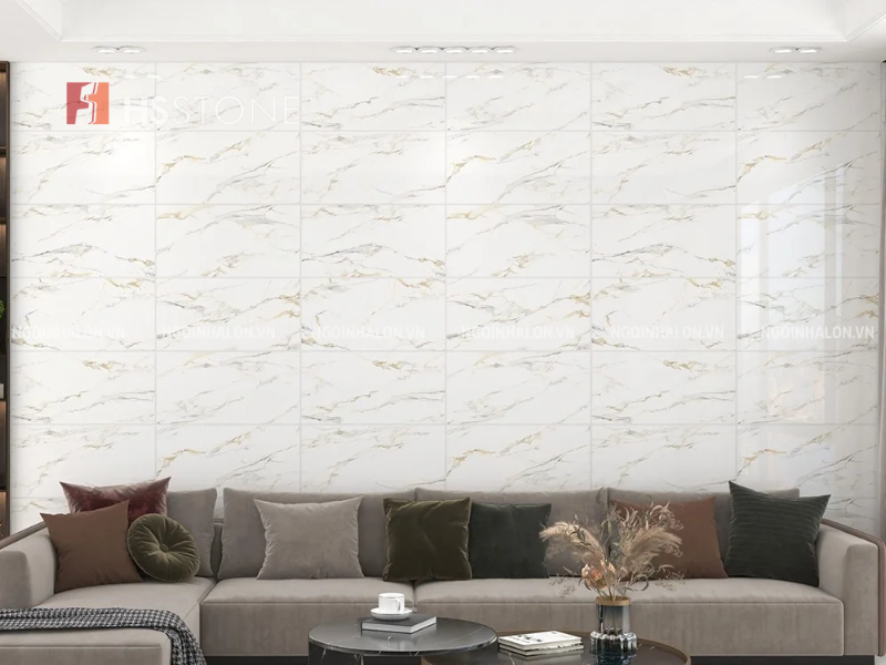 Mẫu gạch ốp tường phòng khách vân đá
