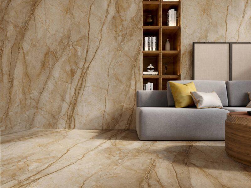 Mẫu gạch 120×278 vân đá nâu, vàng tạo điểm nhấn